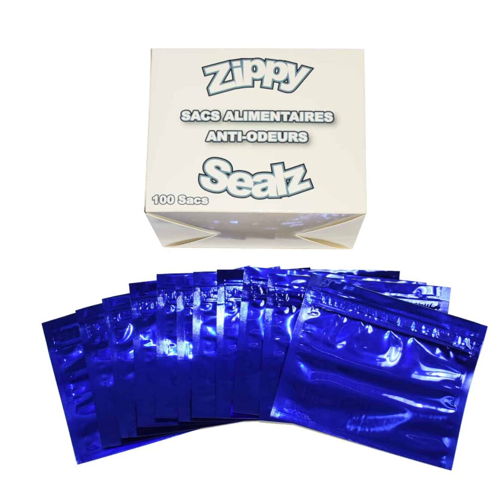 ZipMaster Grow -  Retail Accessories Zippy Sealz Smell Proof Mylar Bags-100 Medium Blue Bags with French Displayer Box