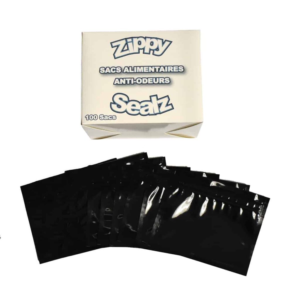 ZipMaster Grow -  Retail Accessories Zippy Sealz Smell Proof Mylar Bags-100 Medium Black Bags with French Display Box