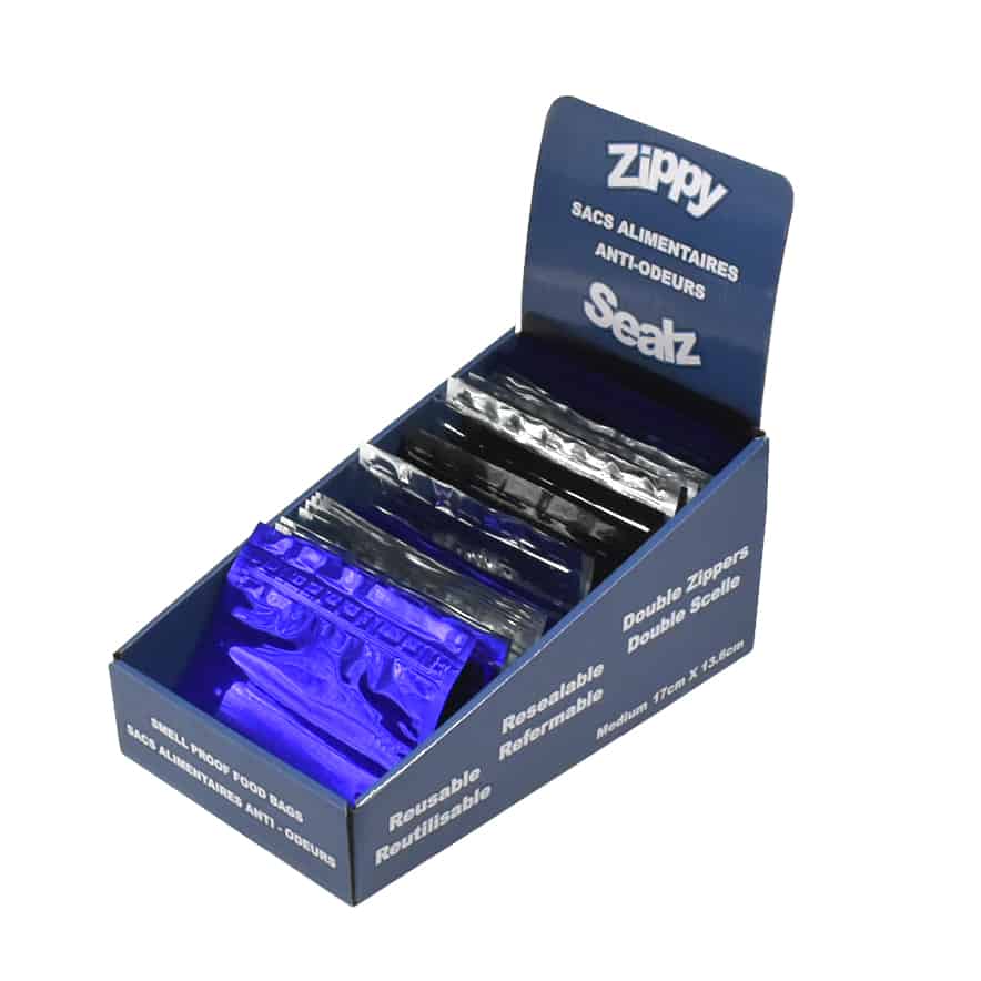 ZipMaster Grow -  Retail Accessories Zippy Sealz Smell Proof Mylar Bags-150 Medium Bags / Black, Blue & Silver with French Display Box