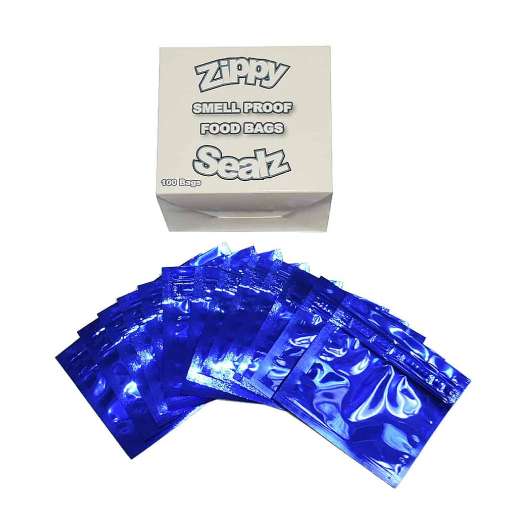 ZipMaster Grow -  Retail Accessories Zippy Sealz Smell Proof Mylar Bags-100 Small Blue Bags with Display Box