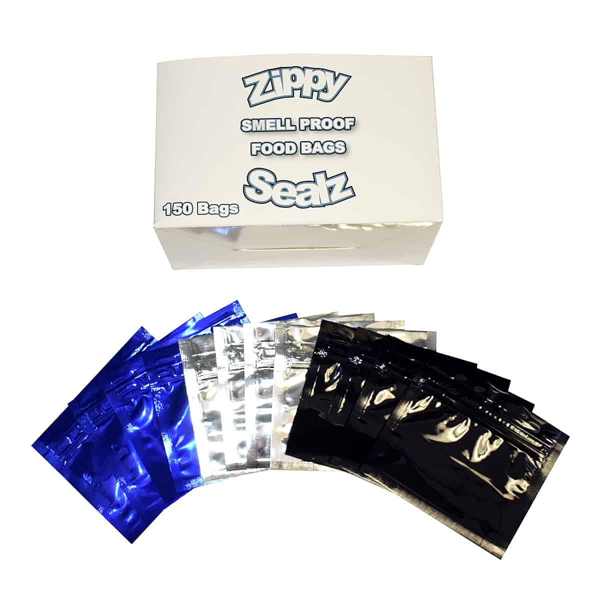 Zippy Sealz Smell Proof Retail Bags with Display Box  Medium Mixed Colour Bags  Silver  Blue  Bla