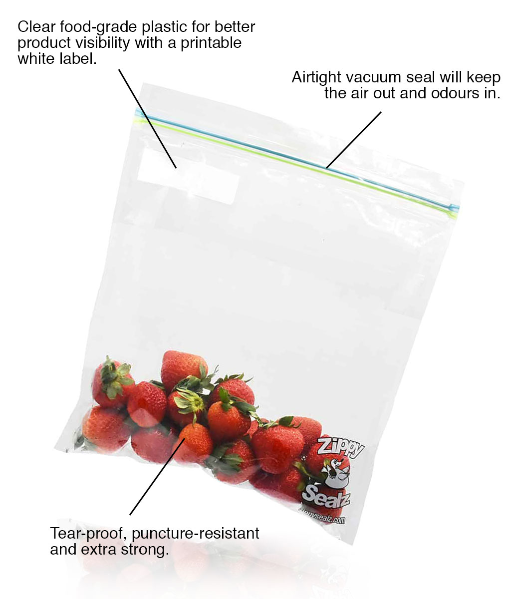Product shot of Zippy Sealz Smell proof food bag with detailed information.
